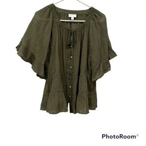 J.Jill Green Boho Peasant Blouse Small Flutter Sleeve Tie Neck Flowy Top small
